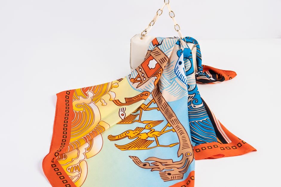 Silk scarf styled for summer, autumn, and winter outfits
